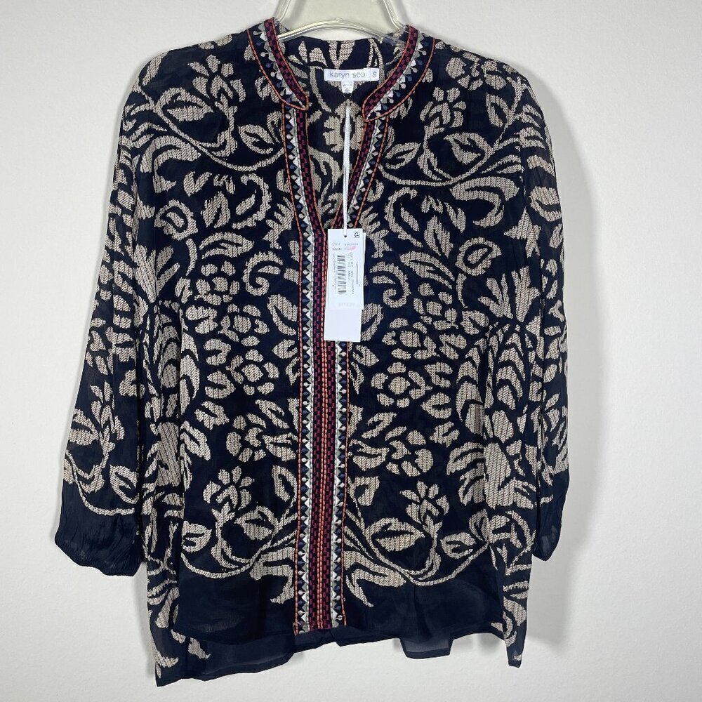 NWT! Karyn SEO Women's Embroidered Semi-Sheer Black Tan Blouse Small Viscose! - Picture 1 of 5